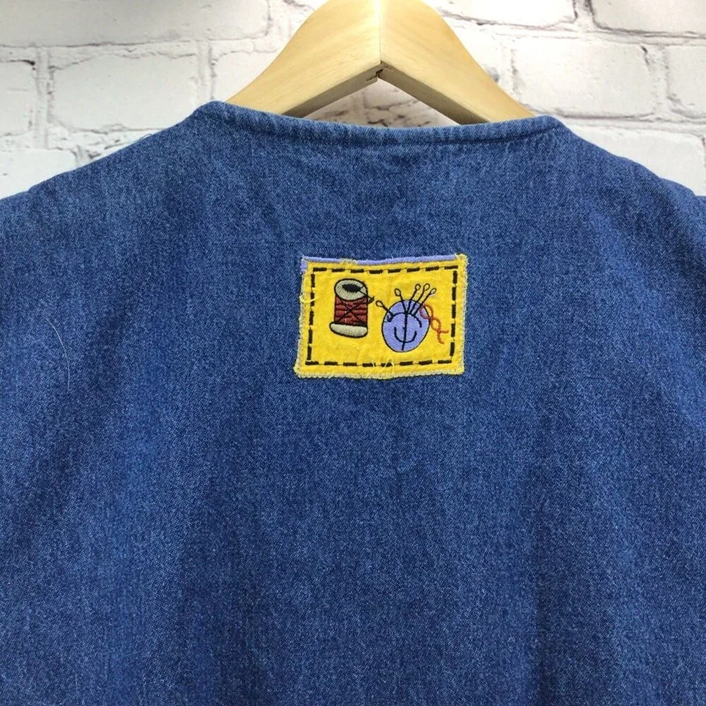 Vtg 80's Denim Vest Womens Sz‎ XL Sewing Theme Cottage Core Kitschy Grannycore